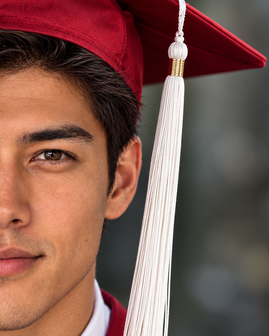 Crimson Graduation Close-Up Portrait