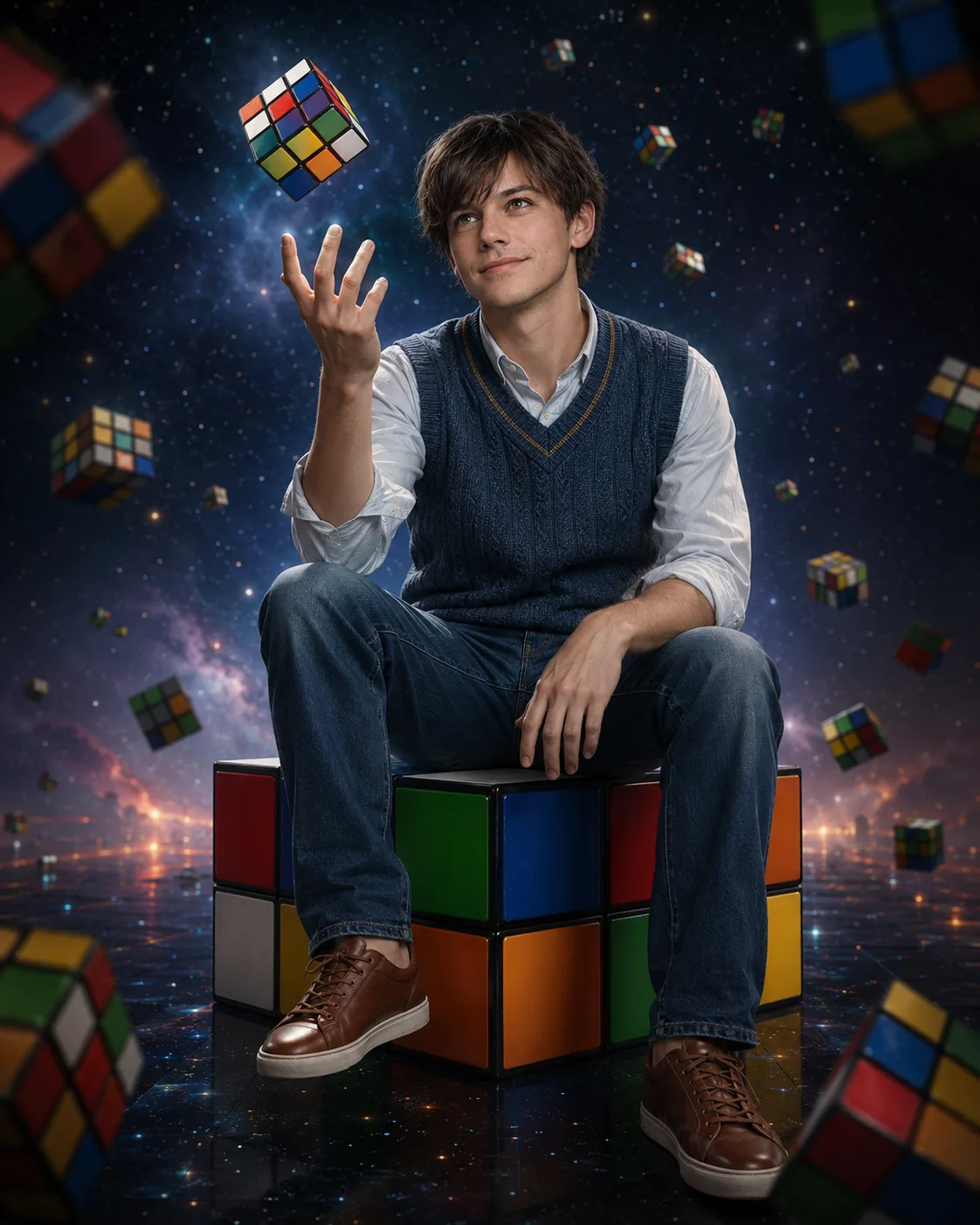 a young man with Rubix Cube