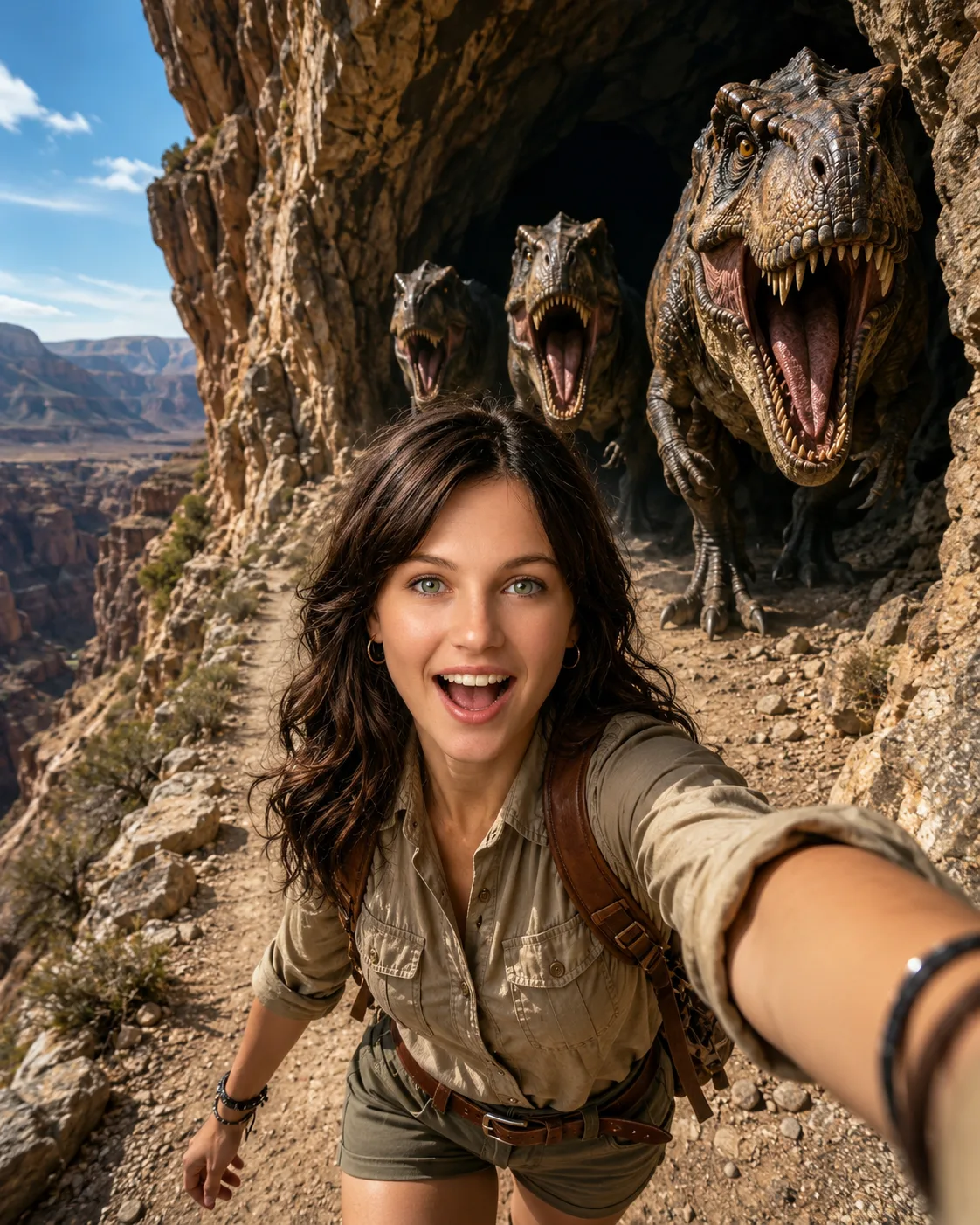 A woman being cased by dinosaurs