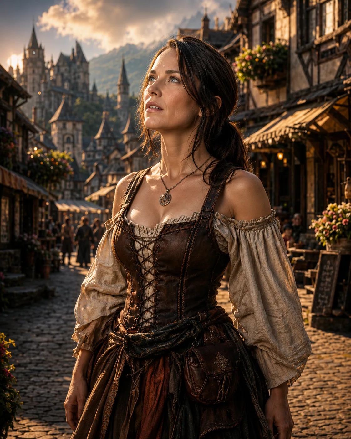 A medieval woman looking intently into the sky