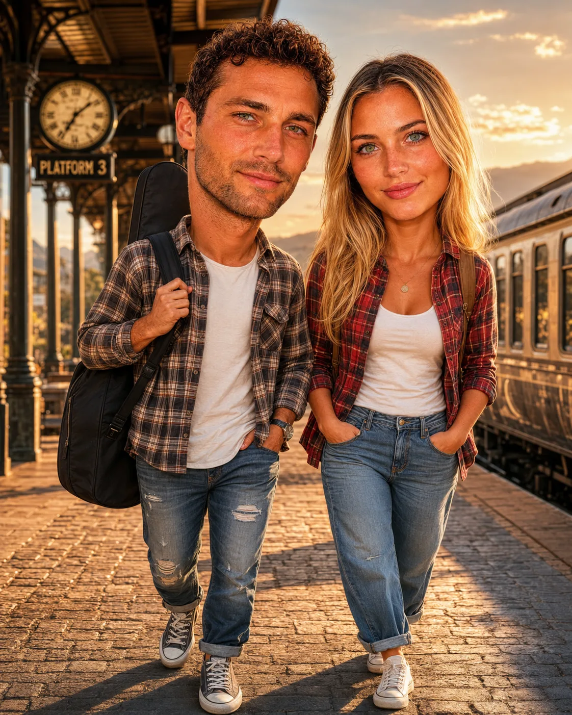 A couple of bobble heads walking a train platform.