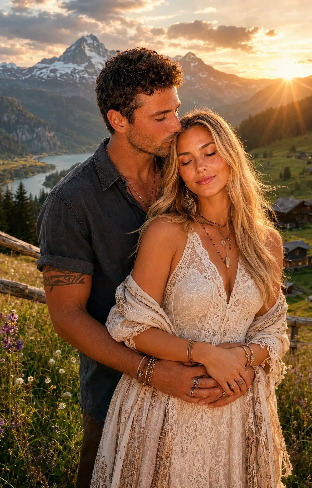 A couple embracing on a mountain countryside