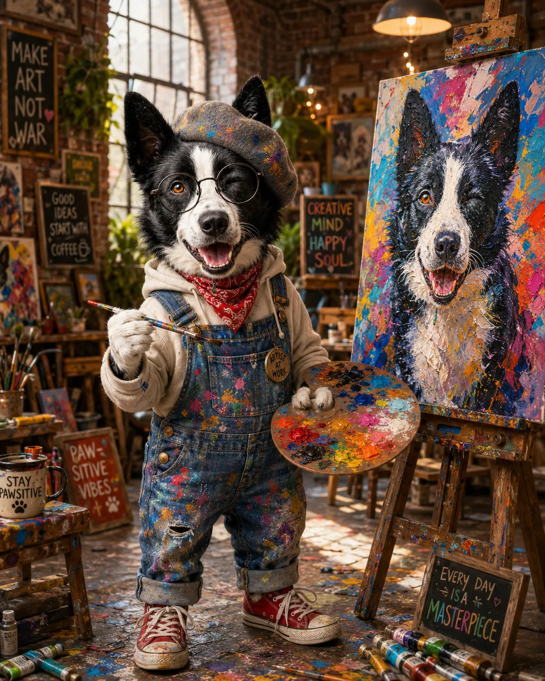 A caricature dog painting a self portrait