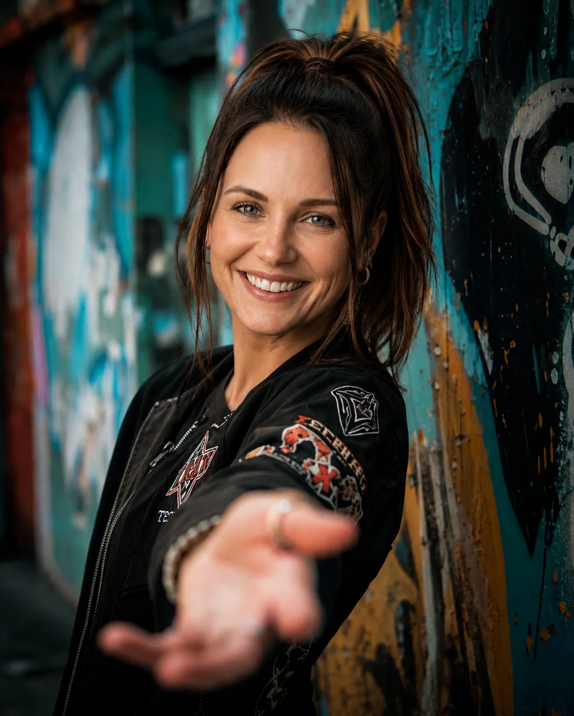 A woman standing beside a colorful concrete wall reaching out to the camera