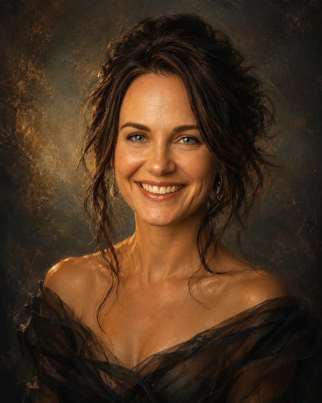 Rustic portrait of a woman in a formal black dress