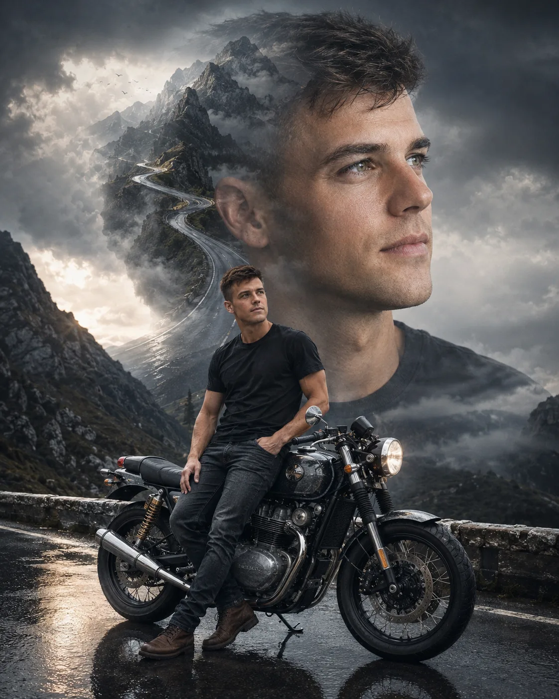 A biker sitting on his bike in the mountains