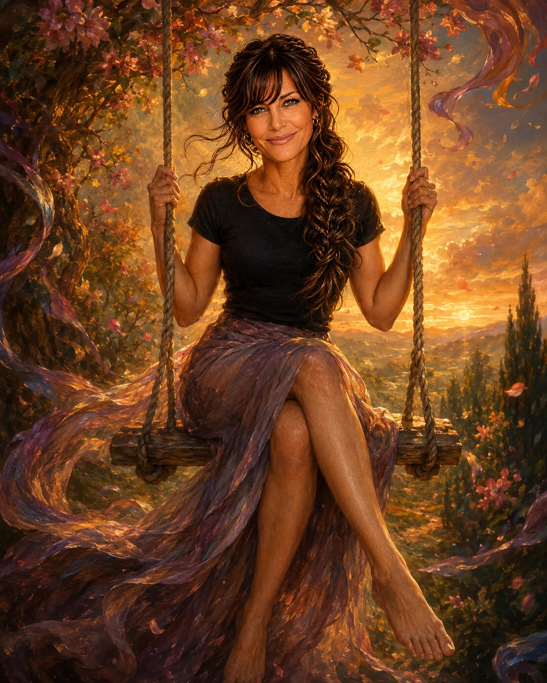 A woman on a wooden swing with a mythical background