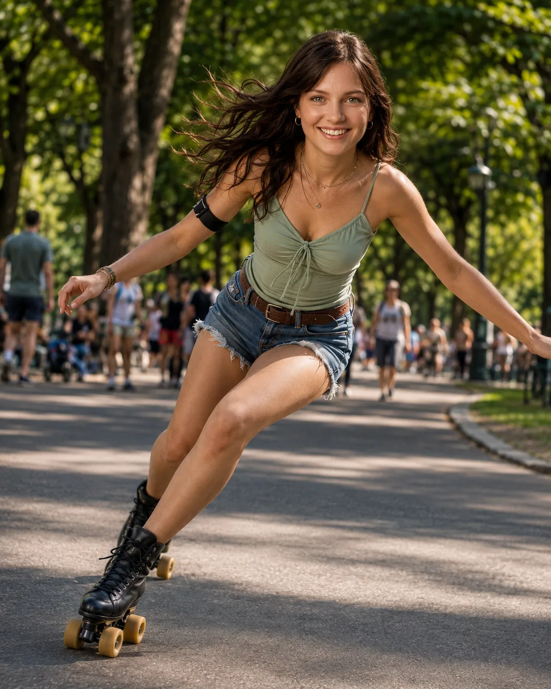 A woman roller skating in a park
